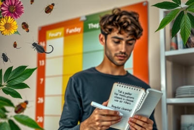 The image depicts a young man sitting at a desk, holding and reading from an open notebook. The environment is indoors with a naturalistic backdrop featuring plants and flowers that suggest a peaceful setting. The man has short brown hair and appears focused on the content of his notebook. There are no visible texts or brands in the image.