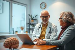 Doctor consults with a patient in a bright office setting. The doctor wears a white coat and stethoscope, while the patient sits across from him at a desk with a laptop. Warm and professional atmosphere.