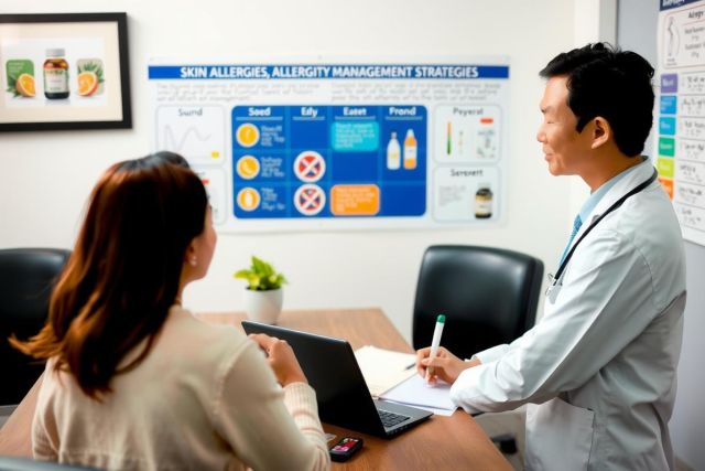 In the image, a medical professional is seated at a table with a patient. The setting appears to be a clinical or healthcare office environment. There are informational posters on the wall in the background which suggest that this could be an educational or training session related to allergies and asthma management strategies.