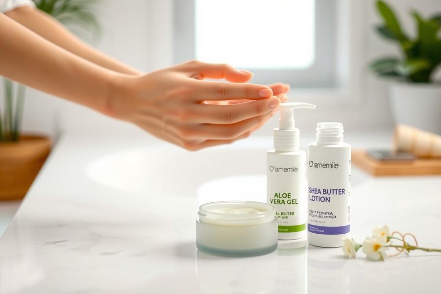 Close-up of aloe vera gel and shea butter lotion on a white surface with flowers and greenery. Natural skincare products, beauty, wellness, and self-care concept.