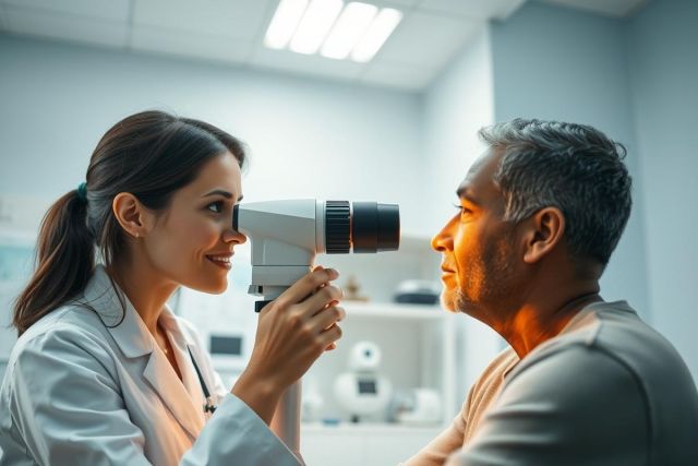 An optometrist examines a patient's eyes in a bright, modern clinic. The female doctor uses an ophthalmoscope during a routine eye exam. Focus on healthcare, vision care, and professional medical services. Blue and white tones dominate the scene.