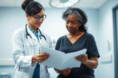 Doctor and patient reviewing medical documents in a bright, modern clinic. The image depicts healthcare consultation, featuring a female doctor in a white coat and a concerned patient. Blue and white tones dominate the scene, conveying a professional and clinical environment. Focus on medical care and patient well-being.