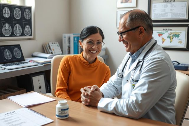 An intimate interaction between a male doctor and his patient. Both men are smiling at each other, seated in an office with medical equipment lining the wall behind them.