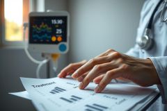 Doctor examining patient records in a hospital setting. Focus on hands and medical equipment like a monitor and stethoscope, suggesting healthcare and patient care.  Neutral color palette.