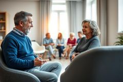 Group of diverse senior adults engaged in conversation within a bright, modern living room setting. A couple is in focus, smiling and talking, while others relax in the background. Warm lighting and neutral colors create a welcoming atmosphere, suggesting community and connection.
