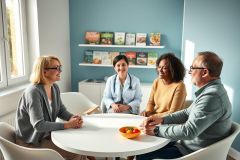 Doctor consultation: A female doctor sits at a table with a couple in a bright, modern healthcare setting. The room features blue walls and shelves displaying food products. A fruit bowl sits on the table, suggesting a discussion about diet and health. Focus on wellness and patient care.