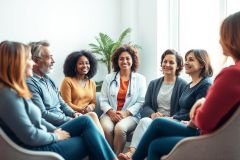 Diverse group of people in a healthcare setting, likely a support group or consultation. A female doctor in a white coat sits with patients in a bright, modern room. Warm colors and smiling faces convey a sense of care and positive interaction. Focus on wellness, medical consultation, and patient support.