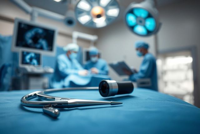 Surgical scene: blurred operating room with medical staff, bright blue lighting, and a focus on endoscopic camera and tools on a blue surgical drape. Healthcare, surgery, medical technology imagery.