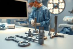 Surgical instruments and tools laid out on a table in an operating room. Focus on metal components, showcasing precision and sterile environment. Medical tools, operating theater, healthcare setting.