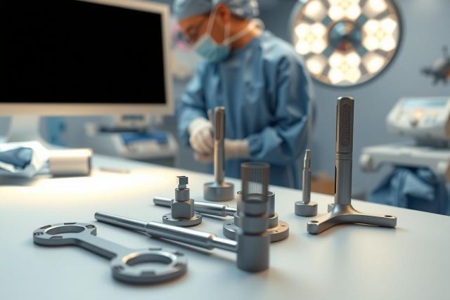 Surgical instruments and tools laid out on a table in an operating room. Focus on metal components, showcasing precision and sterile environment. Medical tools, operating theater, healthcare setting.