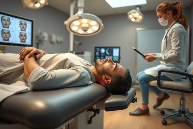 The image depicts a healthcare setting, possibly an operating room or a medical consultation area. There are two individuals present; one appears to be a patient lying on an examination table, and the other is a medical professional standing over them.