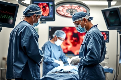 Medical professionals in an operating room with a patient on the table. They are wearing surgical gowns and masks, indicating they are performing a medical procedure. The room is equipped with various monitors displaying vital signs and medical information.