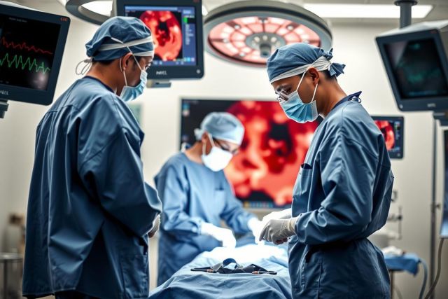 Medical professionals in an operating room with a patient on the table. They are wearing surgical gowns and masks, indicating they are performing a medical procedure. The room is equipped with various monitors displaying vital signs and medical information.