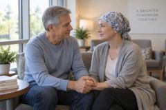 Middle-aged couple holding hands in a calm clinic waiting room, supportive companion presence.