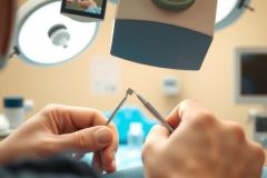Dental procedure in progress. A dentist uses precision tools in a close-up view, highlighting a clinical environment with bright lighting and sterile equipment.