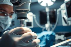 Surgical procedure in progress. A gloved hand holds a medical instrument in an operating room setting. Focus on precision and sterile environment. Blue and white color scheme.