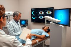 The image depicts a medical setting where a patient is lying on an examination table, being attended to by two healthcare professionals wearing face masks. One of the professionals appears to be providing information or instructions to the other, possibly discussing the patient's case. 