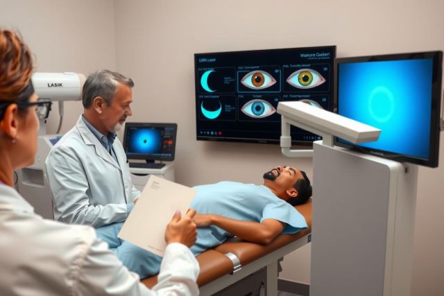 The image depicts a medical setting where a patient is lying on an examination table, being attended to by two healthcare professionals wearing face masks. One of the professionals appears to be providing information or instructions to the other, possibly discussing the patient's case. 