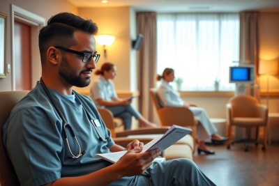The image depicts a medical professional sitting in what appears to be a waiting area of a hospital or medical facility. The man is wearing scrubs and glasses, suggesting that he might be a doctor or nurse.