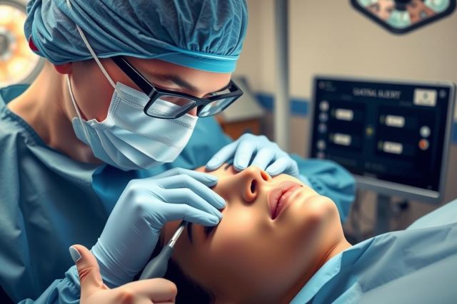 This image depicts a medical setting with two healthcare professionals, likely surgeons or anesthesiologists, performing surgical procedures. The focus is on the patient's face, which suggests that a facial procedure, such as a cosmetic or reconstructive surgery, may be taking place.