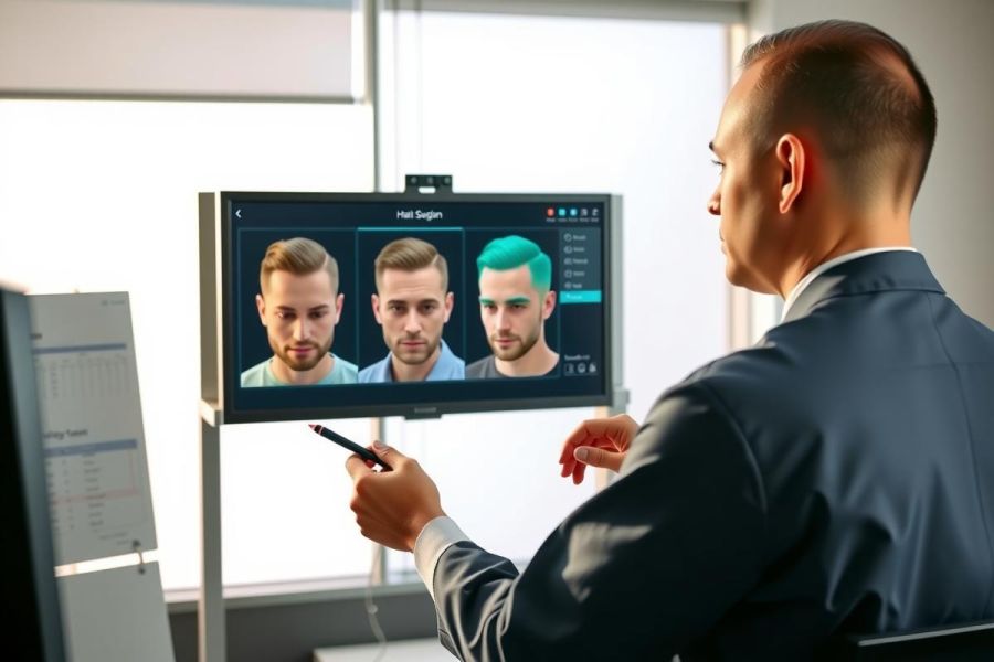 Man in suit examines security footage on a monitor. The screen displays images of three men. The scene suggests surveillance or investigation, set in a tech-focused environment.