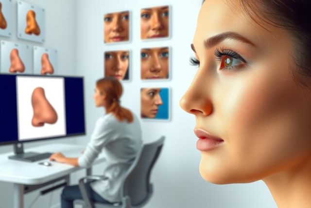 A modern, technology-based office environment with a woman examining her nose on a computer screen. She is surrounded by images of noses and is wearing professional attire.