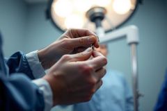 Surgeon's hands in gloves performing a procedure, illuminated by surgical lighting. Focus on precision and sterile environment. Medical professional, healthcare, surgery.