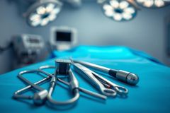 Surgical tools arranged on a bright blue operating table in a sterile operating room. Medical instruments, surgical lights, and equipment are visible in the blurred background. Focus on stainless steel instruments, creating a clinical and professional healthcare setting.