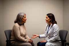 Doctor in white coat calmly discussing treatment options with a middle-aged patient in an exam room.
