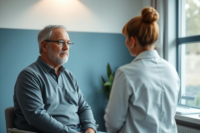 Senior man in glasses converses with a younger woman in a modern, blue-toned office setting. The image suggests a healthcare consultation or professional discussion, with a focus on interpersonal communication and well-being.