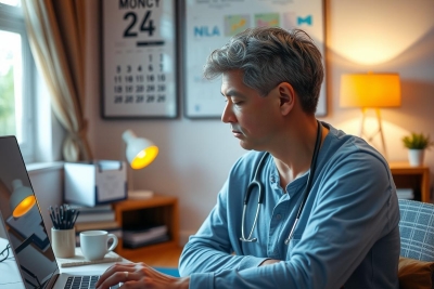 The image shows a man sitting at a desk, wearing what appears to be medical scrubs. He is looking at and using a laptop. The room has natural light coming in through a window, suggesting it might be daytime. 