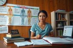 The image depicts a woman wearing medical scrubs, seated at a desk in an office environment. She is focused on writing or drawing with a pen and appears to be engaged in work related to healthcare or nursing. 