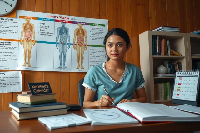 The image depicts a woman wearing medical scrubs, seated at a desk in an office environment. She is focused on writing or drawing with a pen and appears to be engaged in work related to healthcare or nursing. 