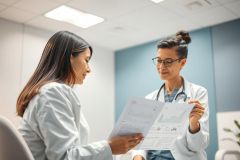Healthcare professionals in a modern clinic reviewing medical charts. Two women, one in a white coat and stethoscope, are discussing patient data, showcasing a focus on patient care and medical consultation in a clean, blue and white environment.