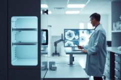 Scientist in lab coat examines x-ray image on monitor. Modern laboratory setting with bright lighting and equipment. Focus on medical research and diagnostics.