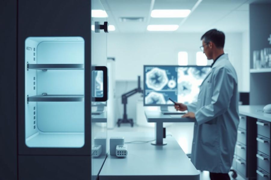 Scientist in lab coat examines x-ray image on monitor. Modern laboratory setting with bright lighting and equipment. Focus on medical research and diagnostics.