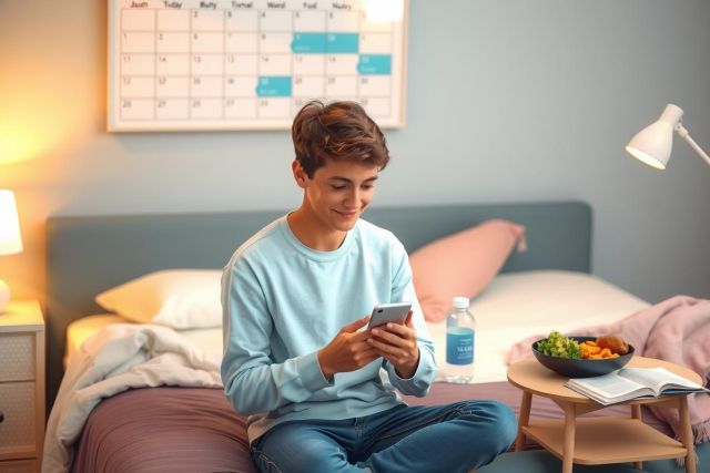 This image shows a young individual, possibly teenage, seated on a bed in a room that seems to be their personal space. 
