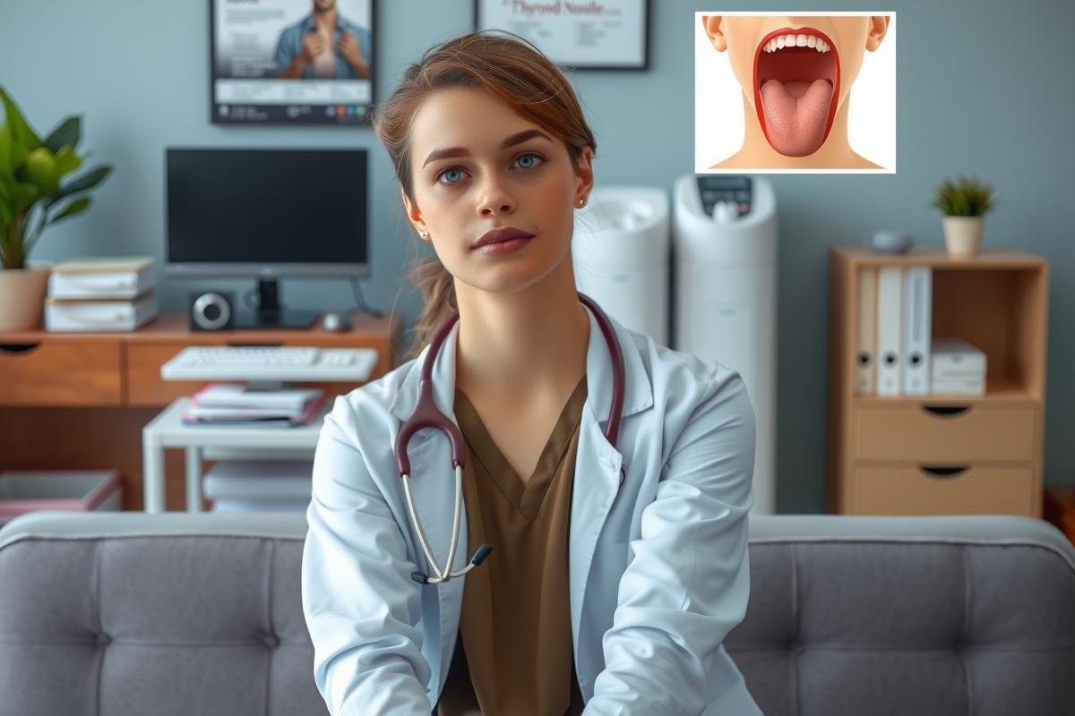 A young woman in a white coat, likely a medical professional, is seen sitting at her desk with her hand on her chin. Her environment suggests she might be in an office or clinic setting. The focus of the image appears to be on a patient's mouth or oral health issue as indicated by the graphic overlay which shows an open mouth with visible teeth and a tongue.