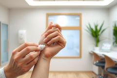 Close-up of hands applying ointment to skin. Healthcare setting, possibly a doctor's office or clinic. Focus on skin care and treatment with a clean, bright environment.