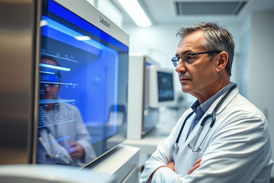 Doctor in a modern lab examining data on a medical device. Blue lighting highlights the equipment, suggesting advanced diagnostics and healthcare technology. Focus on medical professional, laboratory setting, and digital data visualization.