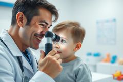 Doctor examining a young boy's eyes with an ophthalmoscope in a bright, clean clinic. Focus on pediatric eye care, healthcare, and child wellness. Warm colors and a caring interaction are evident.