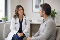 Doctor in white coat attentively counseling male patient in a calm clinical office setting.