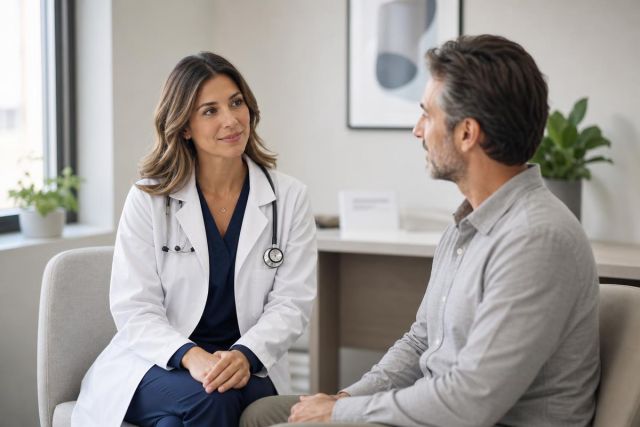 Doctor in white coat attentively counseling male patient in a calm clinical office setting.