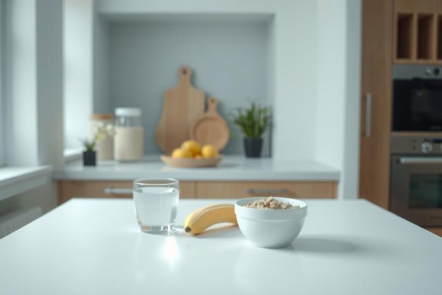 Bright kitchen scene with a bowl of cereal, a banana, and a glass of water on a white countertop. Natural light highlights the breakfast setup, with wooden cabinets and plants in the background.