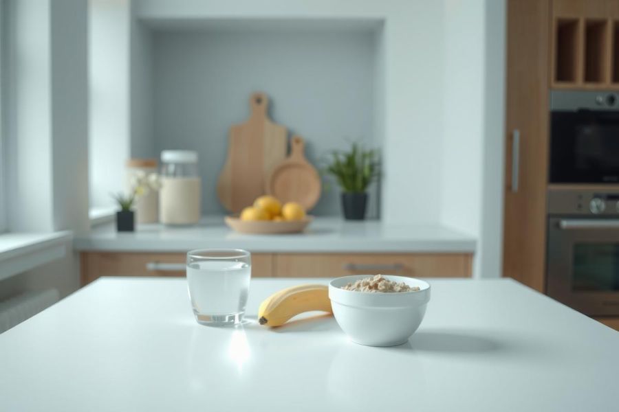 Bright kitchen scene with a bowl of cereal, a banana, and a glass of water on a white countertop. Natural light highlights the breakfast setup, with wooden cabinets and plants in the background.