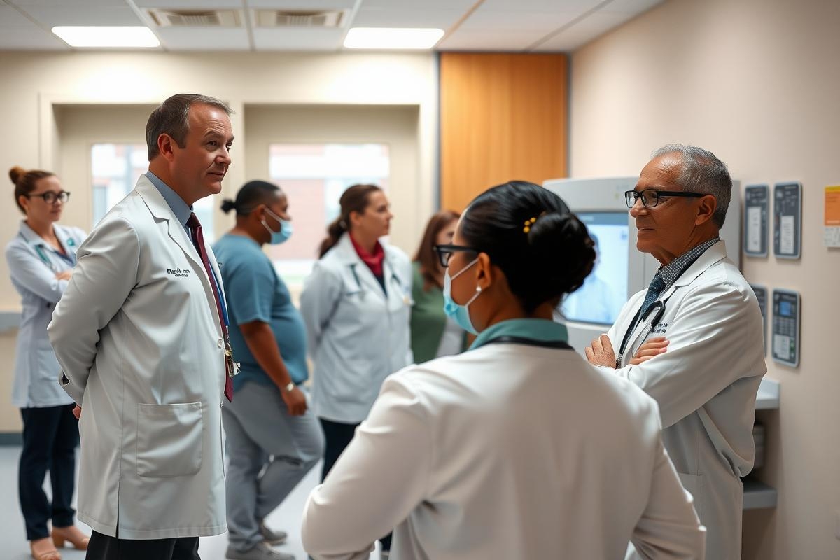 The image shows a group of medical professionals gathered in an examination room. They are all wearing stethoscopes around their necks, indicating they might be doctors or nurses.