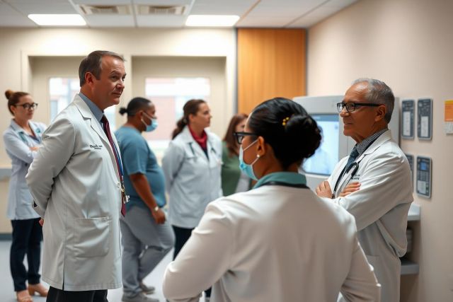 The image shows a group of medical professionals gathered in an examination room. They are all wearing stethoscopes around their necks, indicating they might be doctors or nurses.