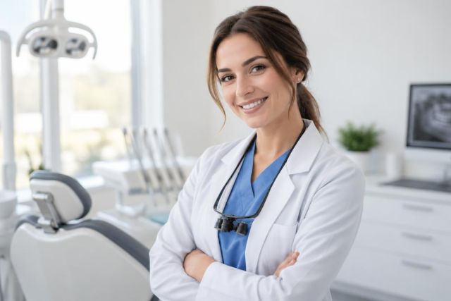 Dentist in white coat smiling in modern dental clinic with chair and instruments.