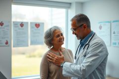 A caring doctor comforts a smiling senior woman during a medical consultation in a bright, modern clinic. The scene emphasizes healthcare, patient care, and a positive doctor-patient relationship. Posters with heart symbols are visible, suggesting cardiology or general wellness. Warm colors and natural light create a reassuring atmosphere.