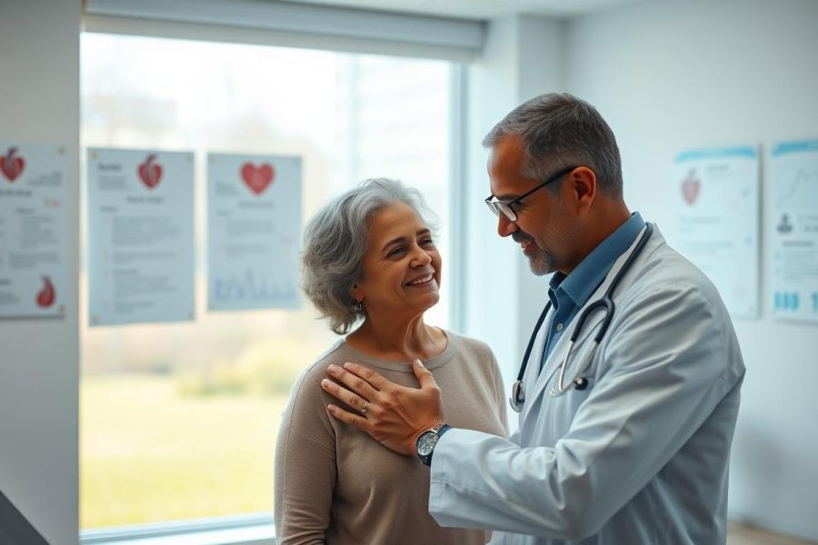 A caring doctor comforts a smiling senior woman during a medical consultation in a bright, modern clinic. The scene emphasizes healthcare, patient care, and a positive doctor-patient relationship. Posters with heart symbols are visible, suggesting cardiology or general wellness. Warm colors and natural light create a reassuring atmosphere.